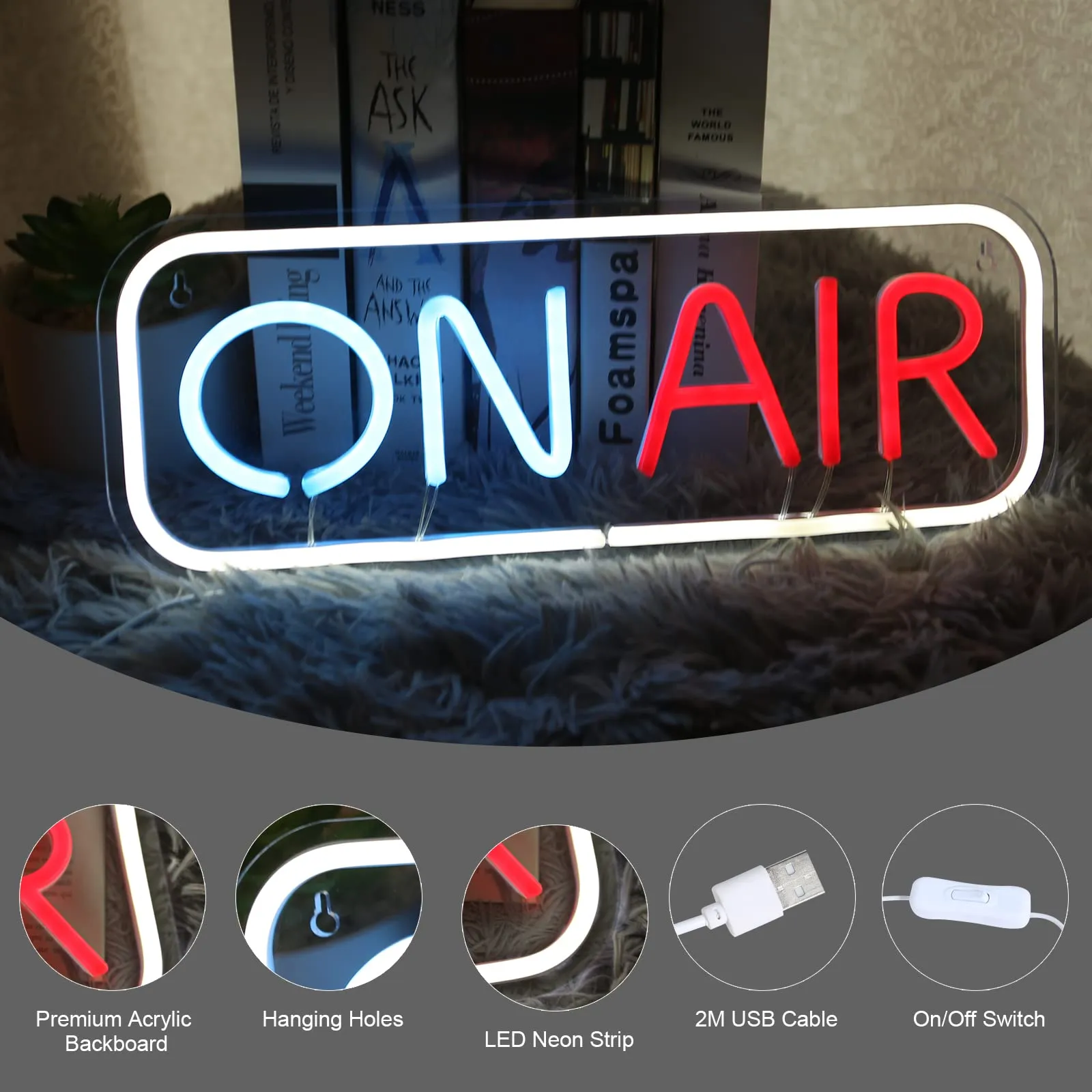 ON AIR Neon Sign LED Lights Signs Decorative Bright Night Light for Radio Television Video Podcast Party Wall Bedroom Club16''*6'' inch with 5V ON/OFF USB 2M Cable (Multi)