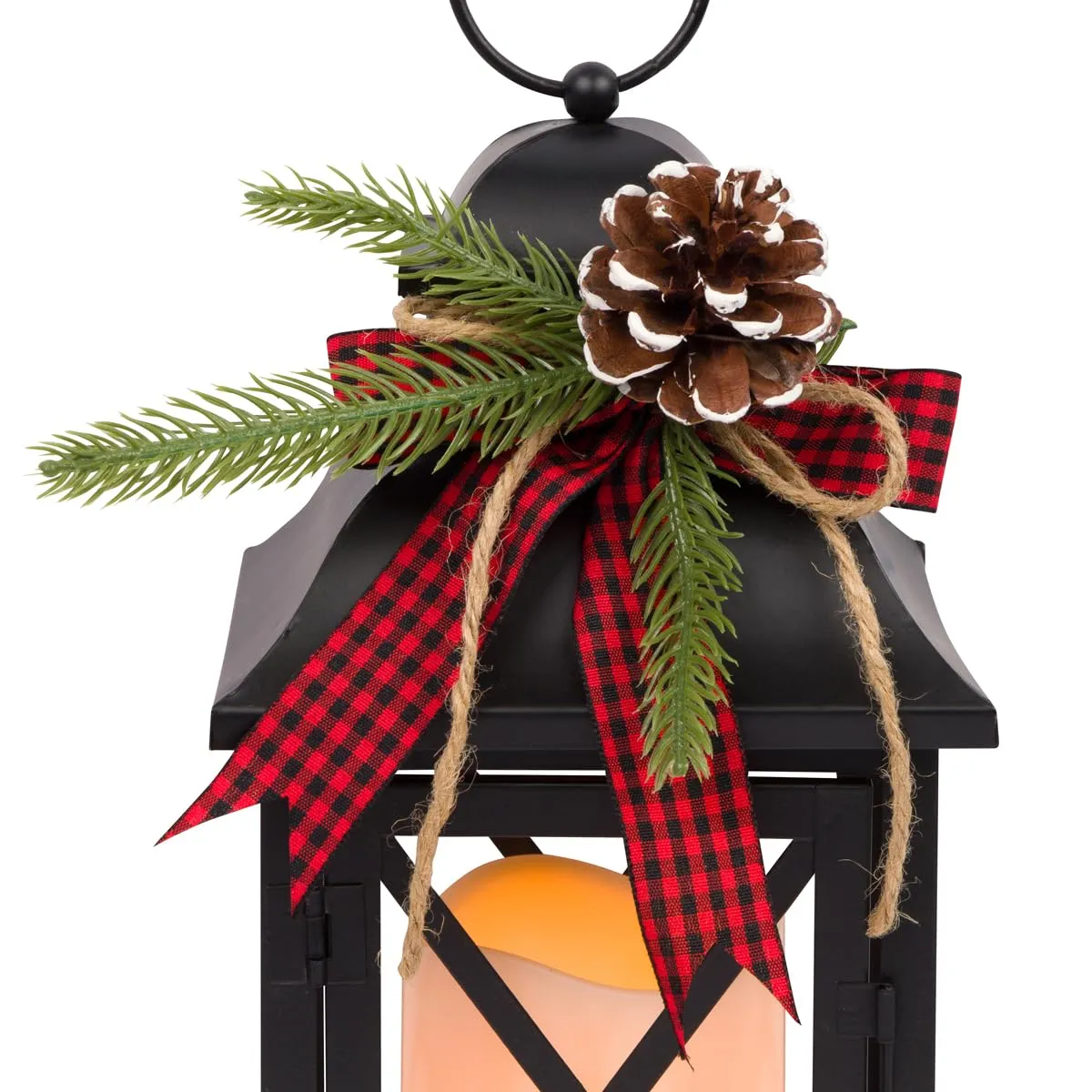 Orchid & Ivy Set of 2 11-Inch Rustic Black Metal Lighted Holiday Lanterns with LED Candle, Timer, Greenery & Buffalo Plaid Ribbon – Hanging or Tabletop Christmas Decoration – Winter Home Decor