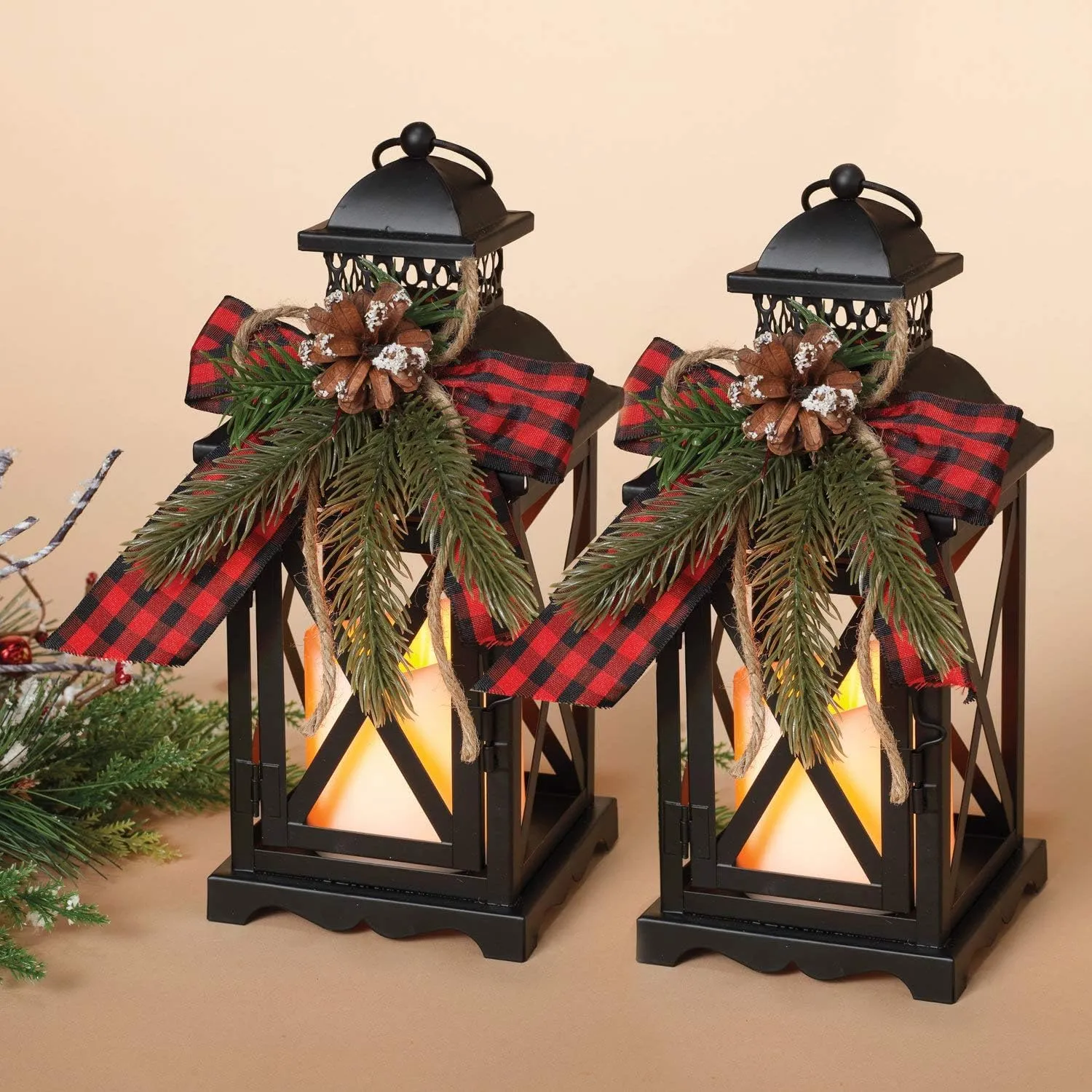 Orchid & Ivy Set of 2 11-Inch Rustic Black Metal Lighted Holiday Lanterns with LED Candle, Timer, Greenery & Buffalo Plaid Ribbon – Hanging or Tabletop Christmas Decoration – Winter Home Decor