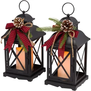 Orchid & Ivy Set of 2 11-Inch Rustic Black Metal Lighted Holiday Lanterns with LED Candle, Timer, Greenery & Buffalo Plaid Ribbon – Hanging or Tabletop Christmas Decoration – Winter Home Decor
