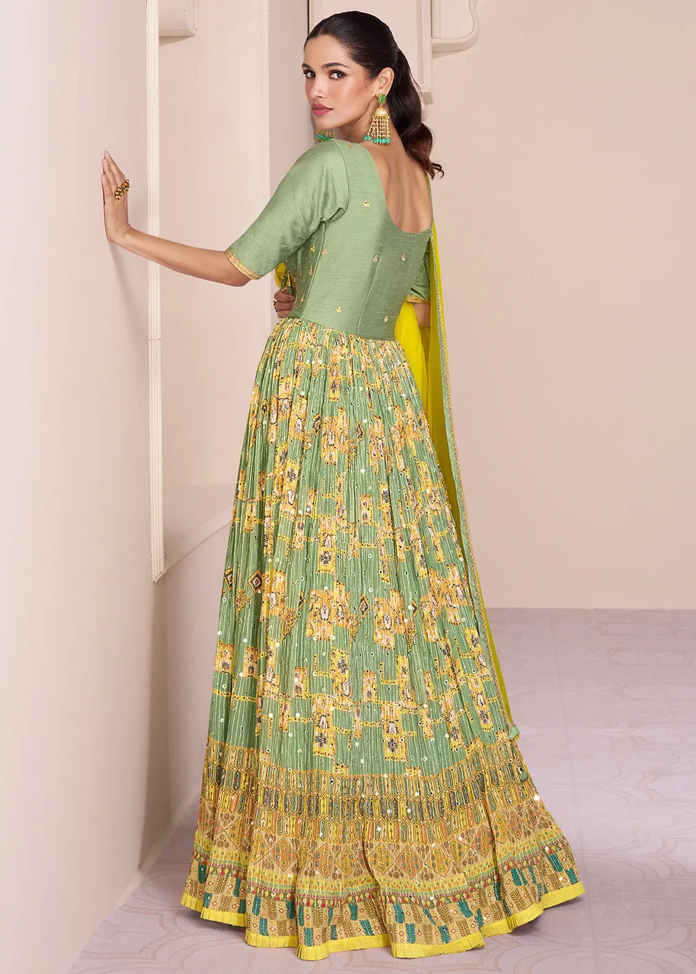 Pastel Green Chinon Silk Anarkali Gown with Intricate Embroidery work