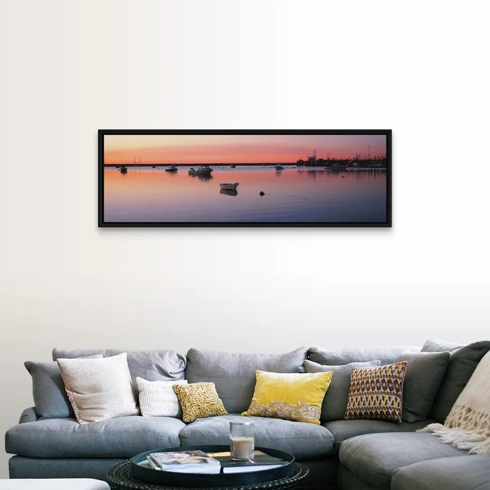 "Boats in an ocean at sunset, Provincetown, Cape Cod, Barnstable County, Massa" Black Float Frame Canvas Art