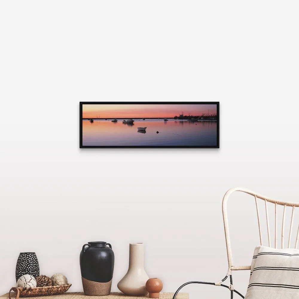 "Boats in an ocean at sunset, Provincetown, Cape Cod, Barnstable County, Massa" Black Float Frame Canvas Art