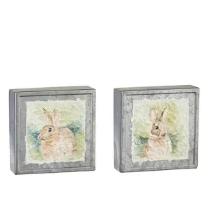 Raz Imports Boxwood 6" Field Bunny Textured Paper On Galvanized Block, Asst of 2
