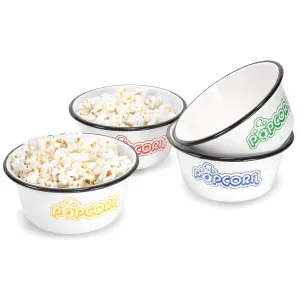 Red Co. Set of 4 White Enamelware Metal Classic 1.2 Quart Popcorn Bowls, Assorted Color Prints/Black Rim
