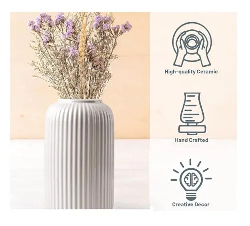 Ribbed White Ceramic Vase for Modern Home Décor
