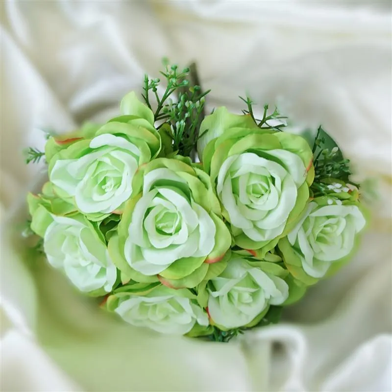 Rose & Baby Breath Assorted Bridal Bouquet Artificial Silk Flowers - Lime Green