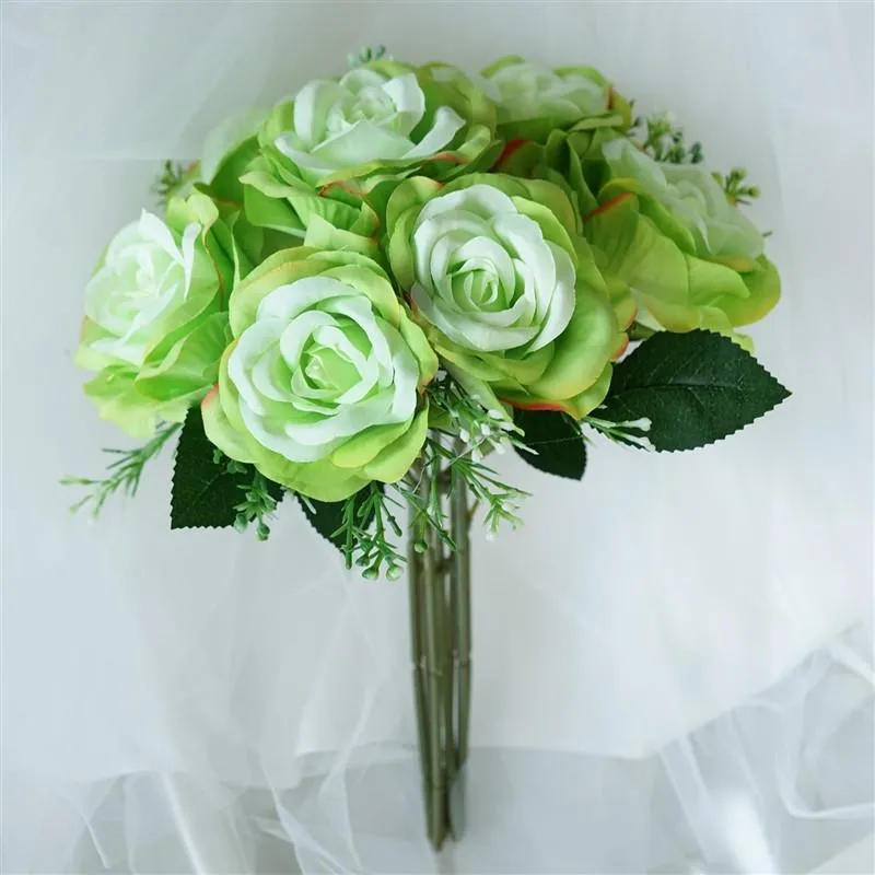 Rose & Baby Breath Assorted Bridal Bouquet Artificial Silk Flowers - Lime Green