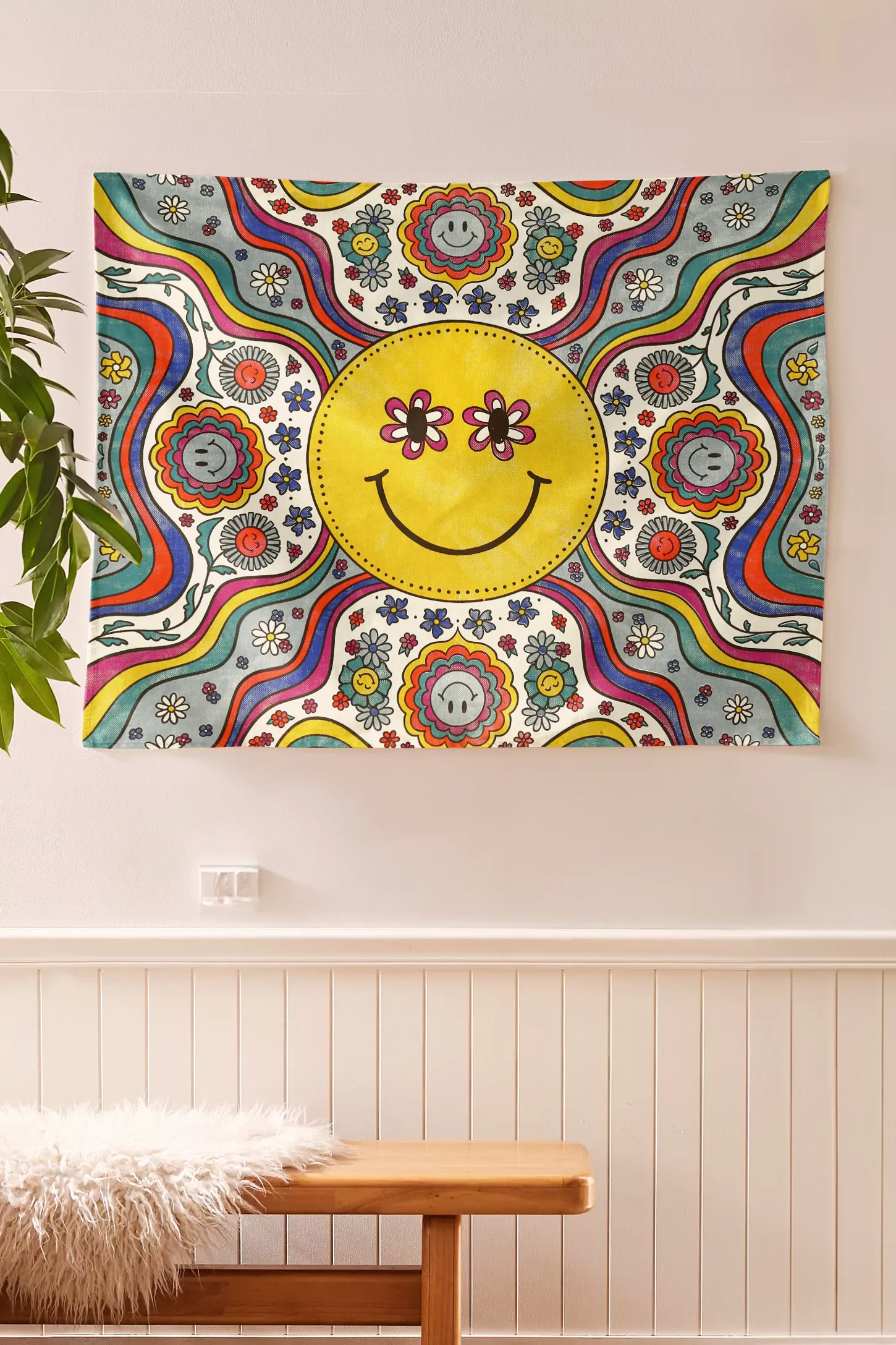 SheetKart Bohemian Smiley Face Wall Hanging Tapestry - 100% Cotton, 36x42 inches - Vibrant Home Decor with Yellow Smiles and Flowery Eyes
