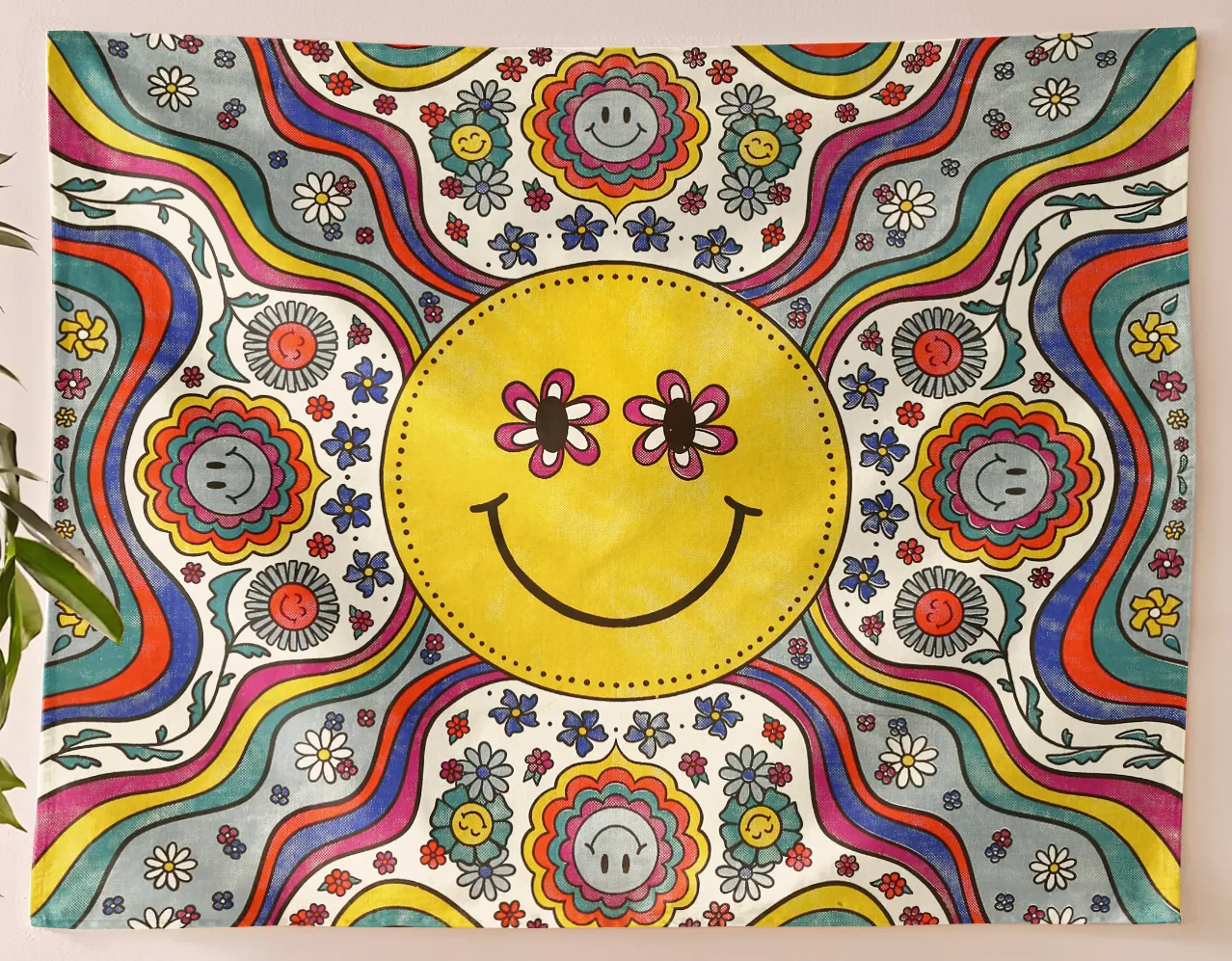 SheetKart Bohemian Smiley Face Wall Hanging Tapestry - 100% Cotton, 36x42 inches - Vibrant Home Decor with Yellow Smiles and Flowery Eyes