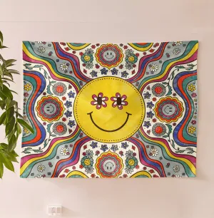 SheetKart Bohemian Smiley Face Wall Hanging Tapestry - 100% Cotton, 36x42 inches - Vibrant Home Decor with Yellow Smiles and Flowery Eyes