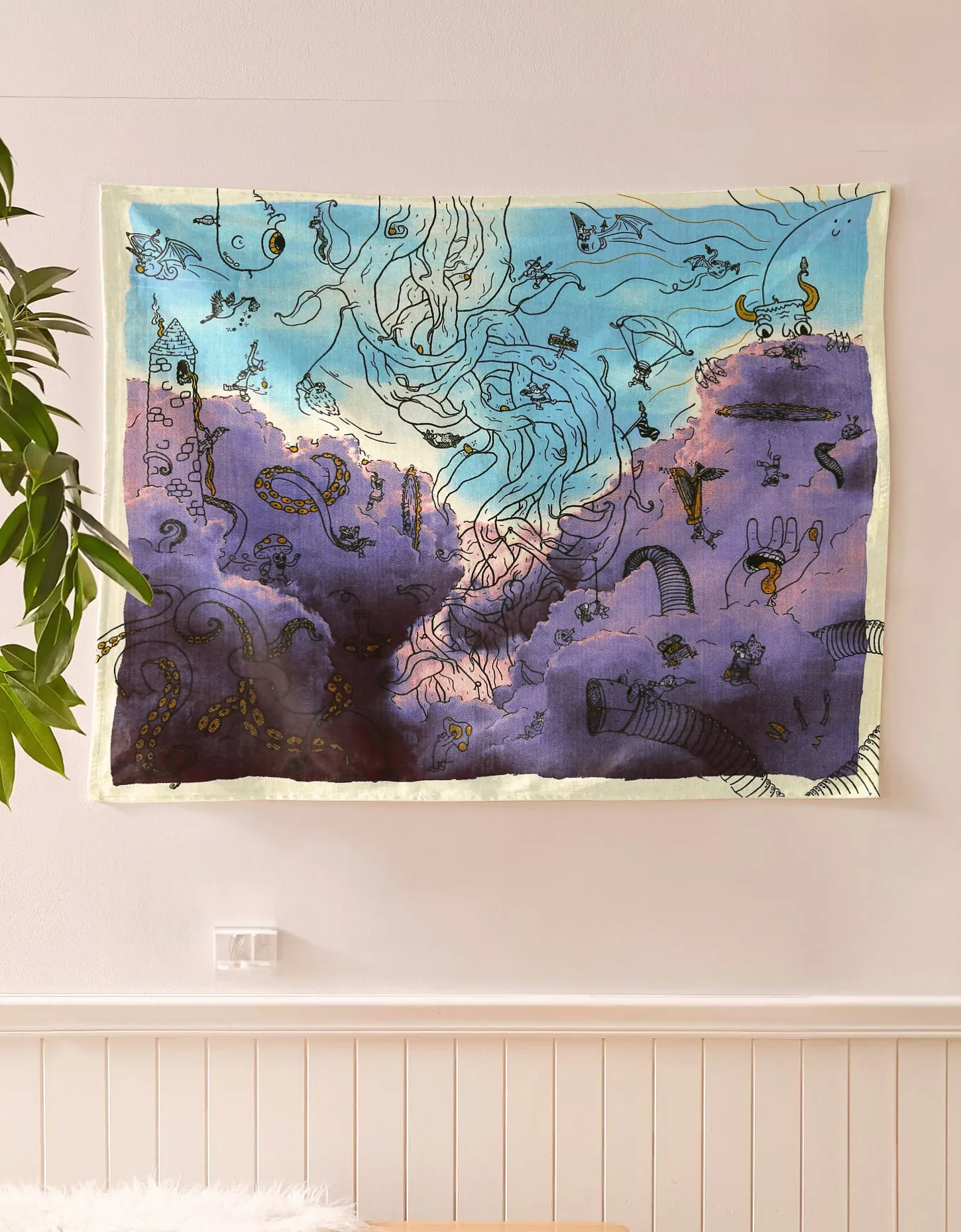 SheetKart Cloudy Doodles Cotton Wall Hanging Tapestry | 36 x 42 Inches | Bohemian Style Home Decor | Colorful Clouds | 100% Cotton