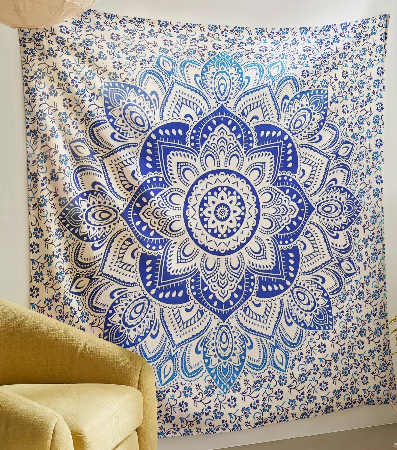 SheetKart Cotton Printed Wall Hanging Tapestry | Blue Floral Mandala | Bohemian Art | Home Decor Art | Perfect Gift | Aesthetic Room Decor | Proudly Made in India