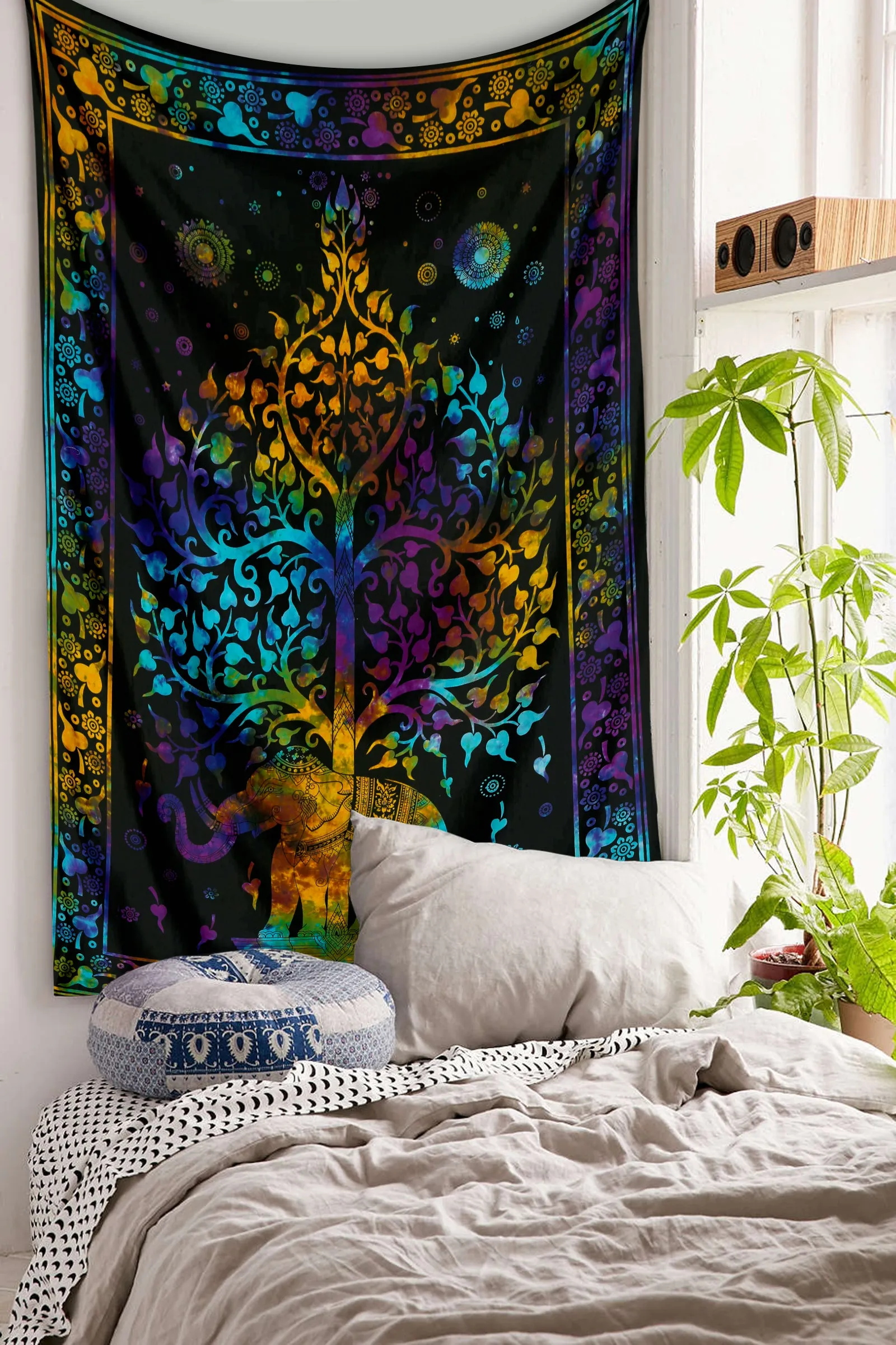 SheetKart Cotton Printed Wall Hanging Tapestry - Hand Made Tie & Dye | Elephant Mandala Tree Print | Proudly Made in India