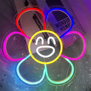 Smiley Face Sunflower Neon Sign Light LED Smiley Face Gifts Light Up Sign for Bedroom Wall Decor Neon Lights Wall Sign Smile Face Rainbow Flower LED Sign Party Décor Sign Lights (A. Rainbow Flower)