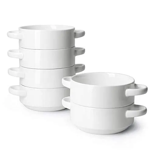 Sweese 108.001 Porcelain Bowls with Handles - 20 Ounce for Soup, Cereal, Stew, Chill, Set of 6, White