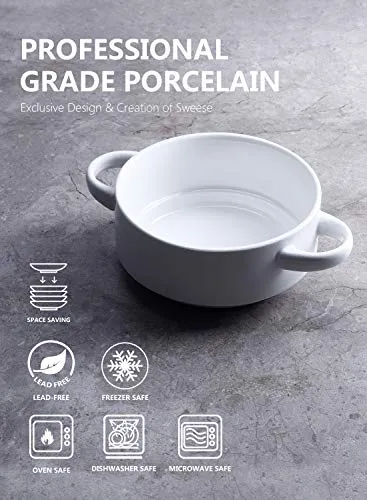 Sweese 108.001 Porcelain Bowls with Handles - 20 Ounce for Soup, Cereal, Stew, Chill, Set of 6, White