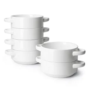 Sweese 108.001 Porcelain Bowls with Handles - 20 Ounce for Soup, Cereal, Stew, Chill, Set of 6, White