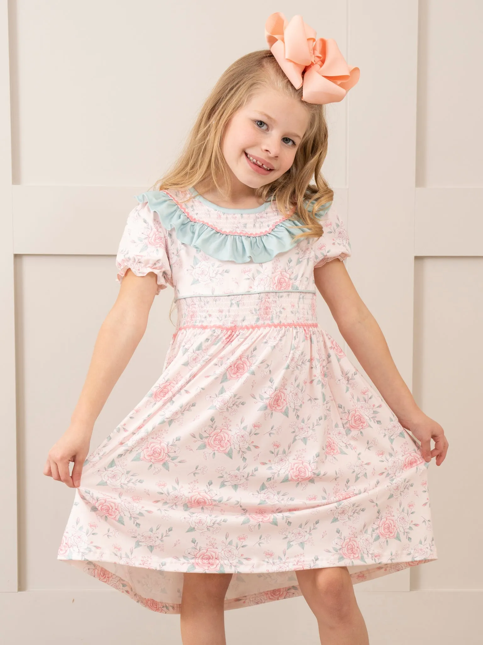 Teal & Rose Bouquets Smocked Ruffle Dress
