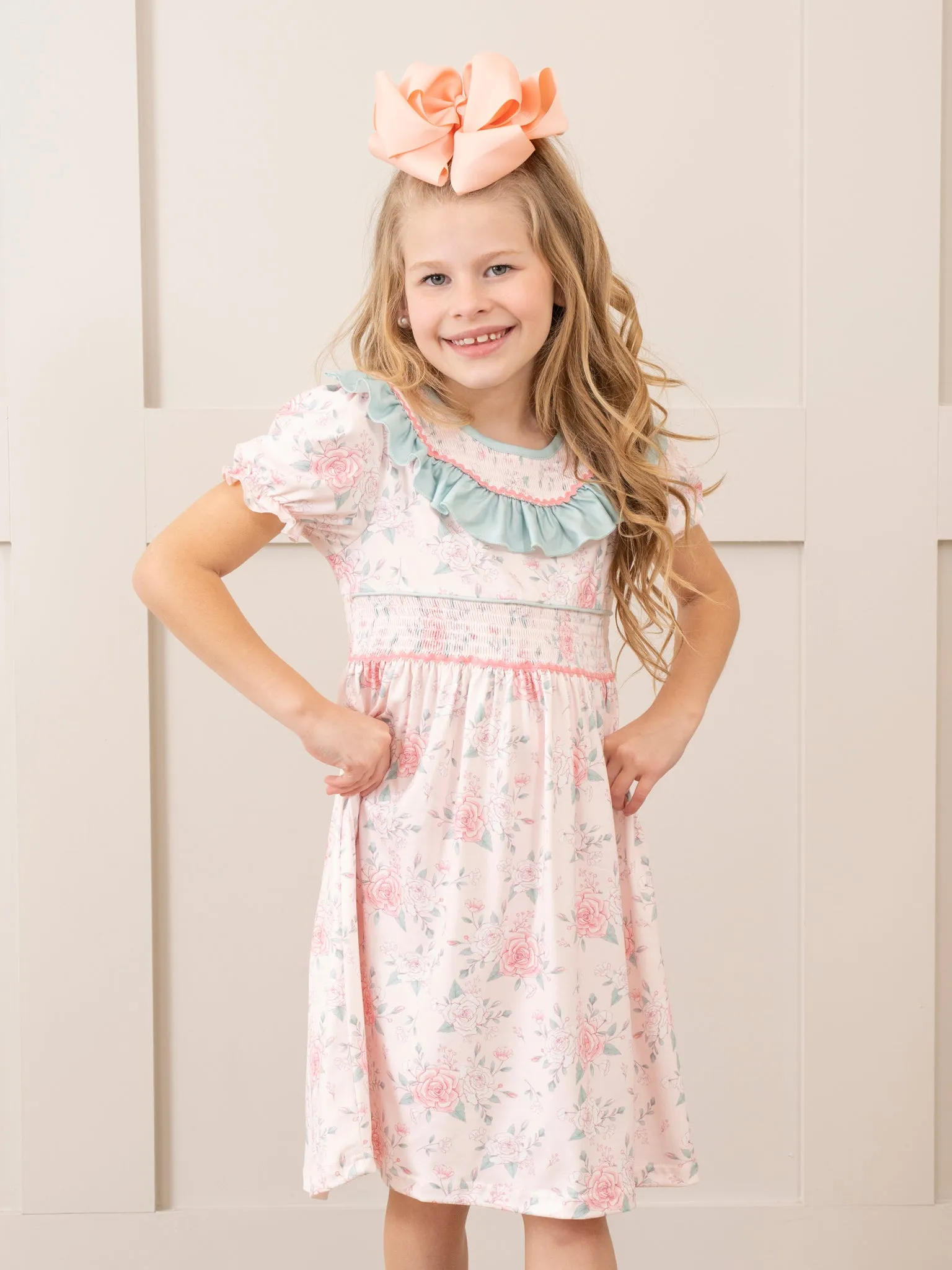 Teal & Rose Bouquets Smocked Ruffle Dress