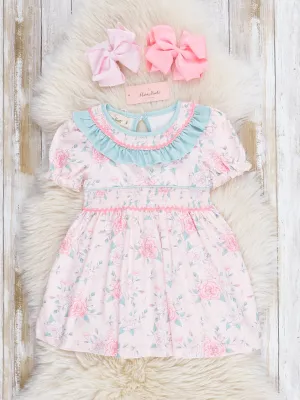 Teal & Rose Bouquets Smocked Ruffle Dress