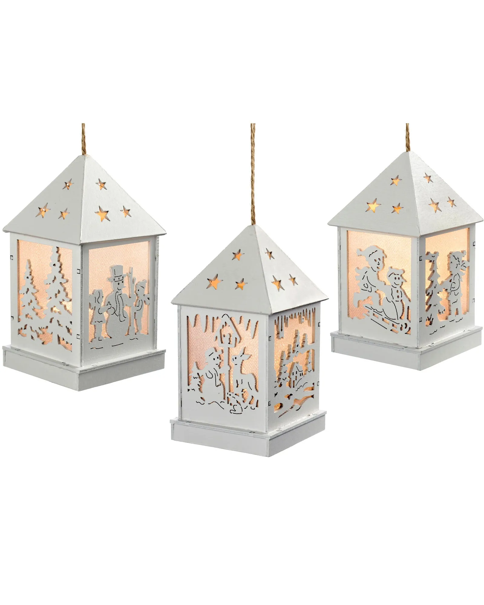 Three Pre-Lit Wooden Hanging Lantern Baubles
