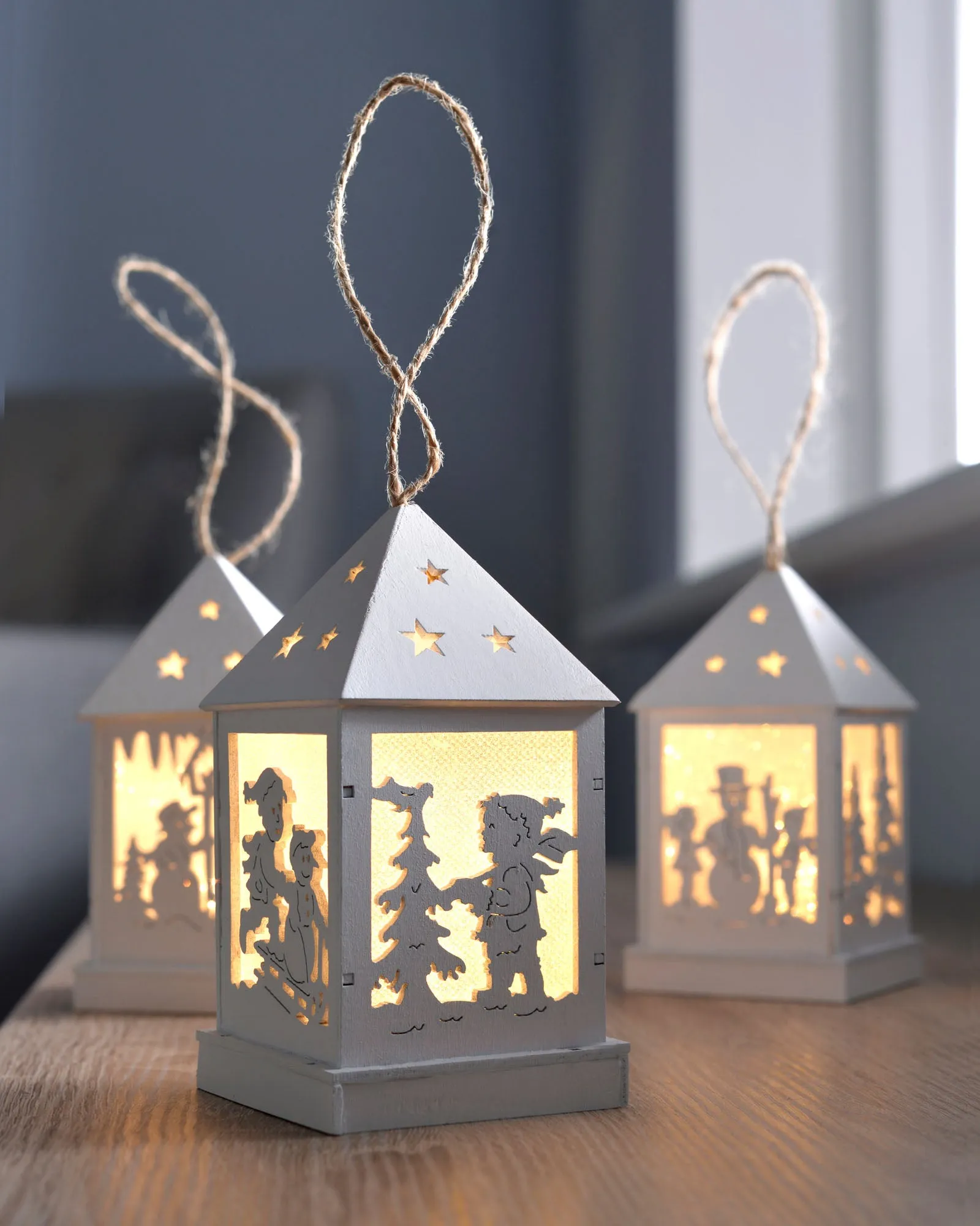 Three Pre-Lit Wooden Hanging Lantern Baubles