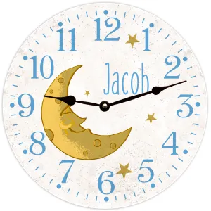 White Baby Clock with Moon and Custom Name- Beautiful and Unique